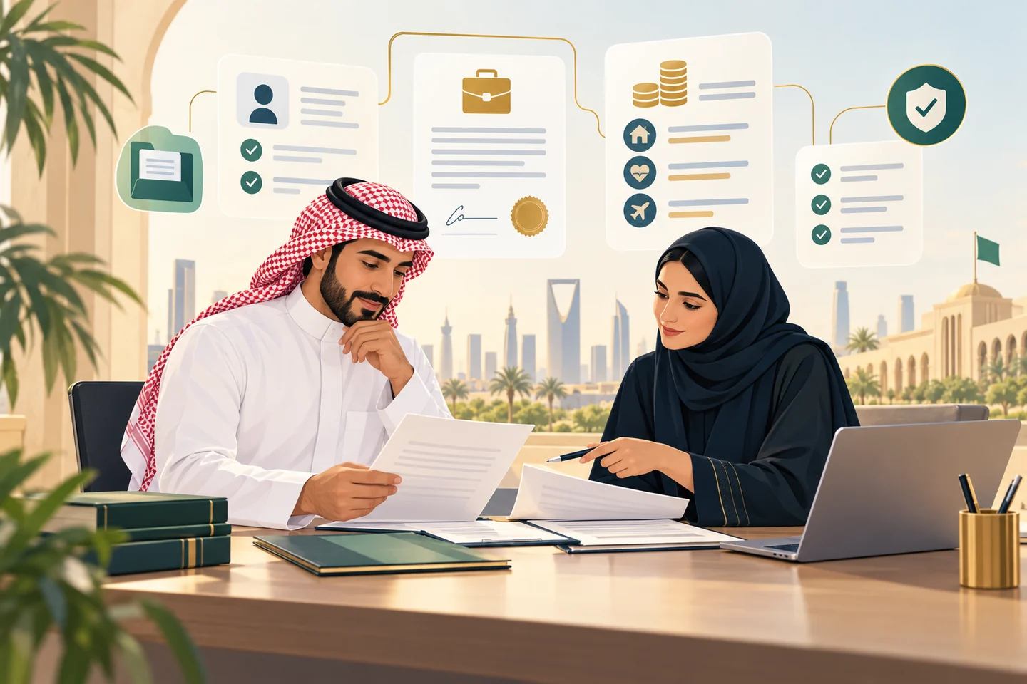 Employees reviewing a contract, employment record, and compensation before a binding decision