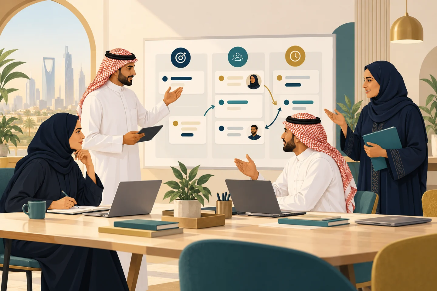 A Saudi team coordinating priorities, feedback, handovers, and follow-up ownership