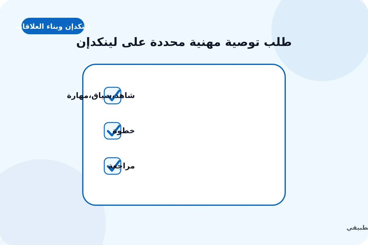 رسم توضيحي لدليل طلب توصية مهنية محددة على لينكدإن: شاهد, سياق, مهارة
