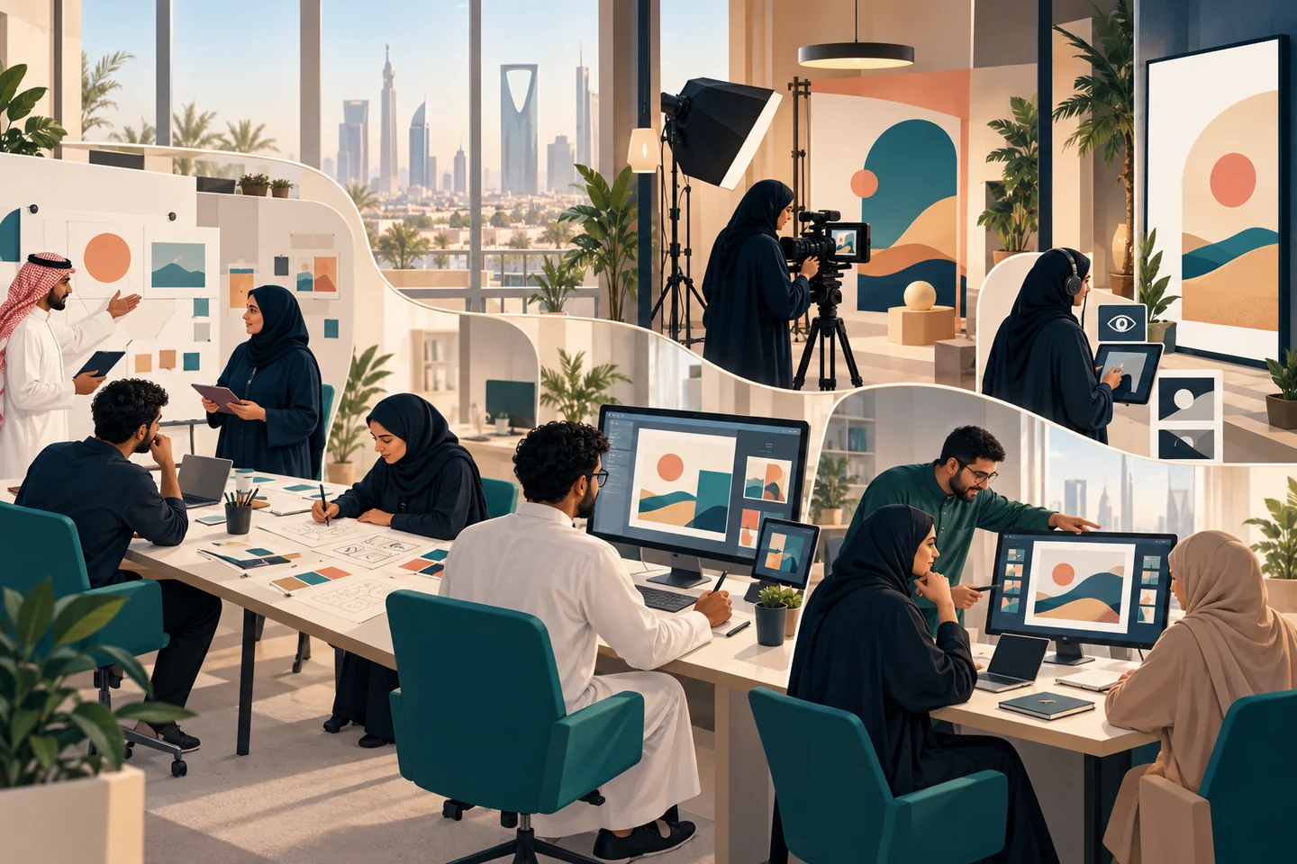 A Saudi creative team moving from brief to concepts, production, review, and accessible output