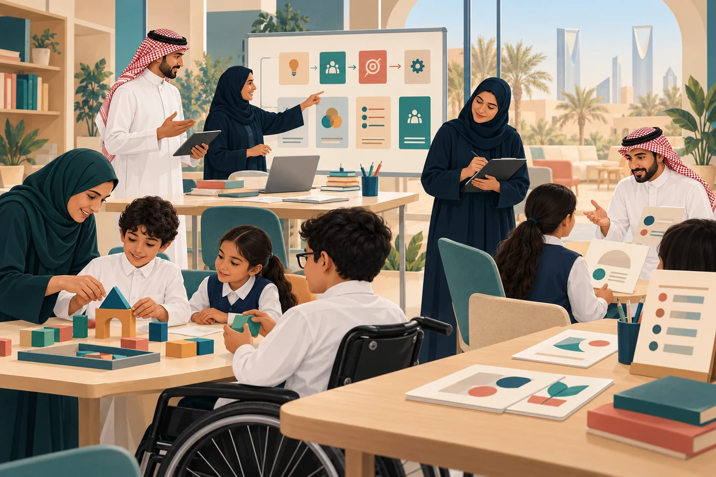 Saudi educators and trainers planning inclusive learning, observing practice, and giving feedback