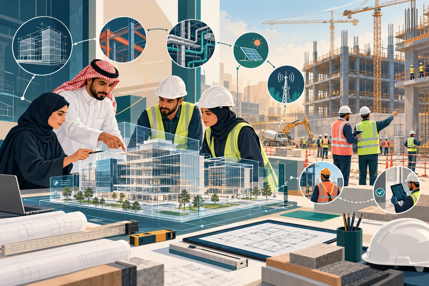 Saudi engineers connecting design, site work, verification, safety, and quality in an engineering project