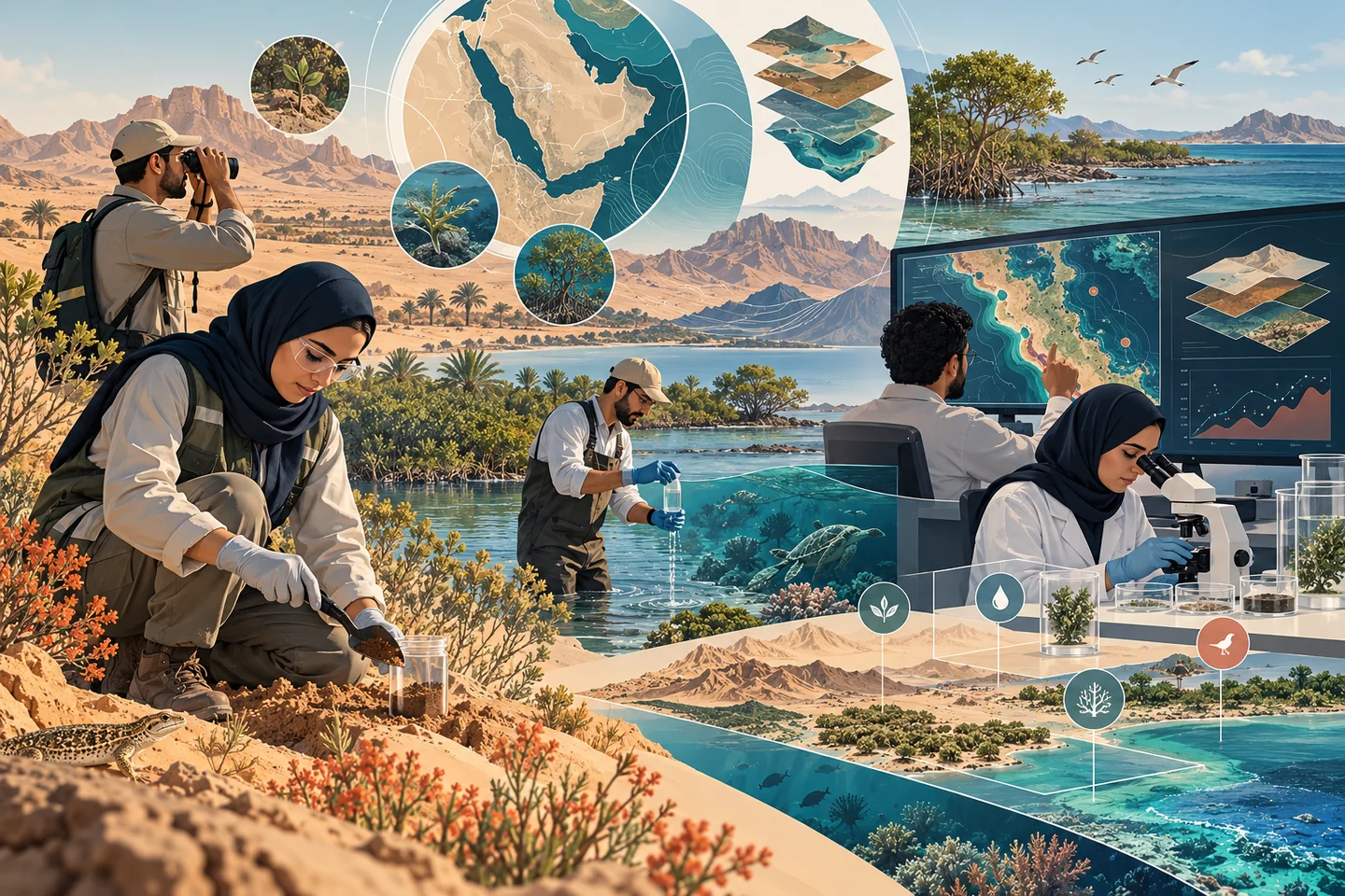 Saudi environmental professionals connecting field observation, sampling, geospatial analysis, and uncertainty