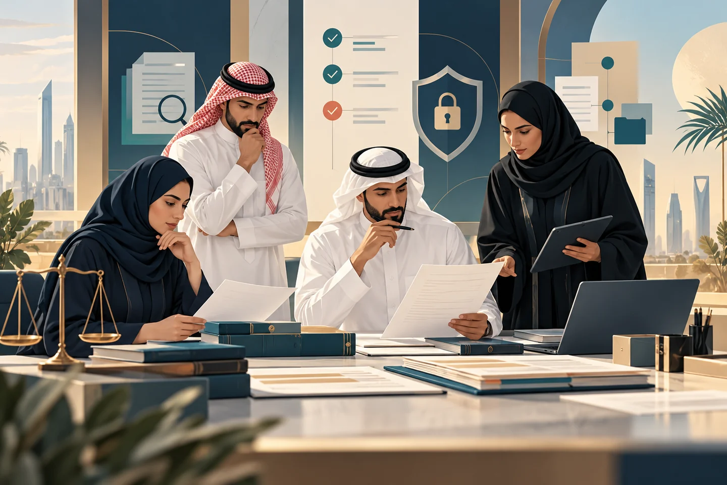 Saudi professionals reviewing sources, facts, obligations, and an evidence trail with confidentiality
