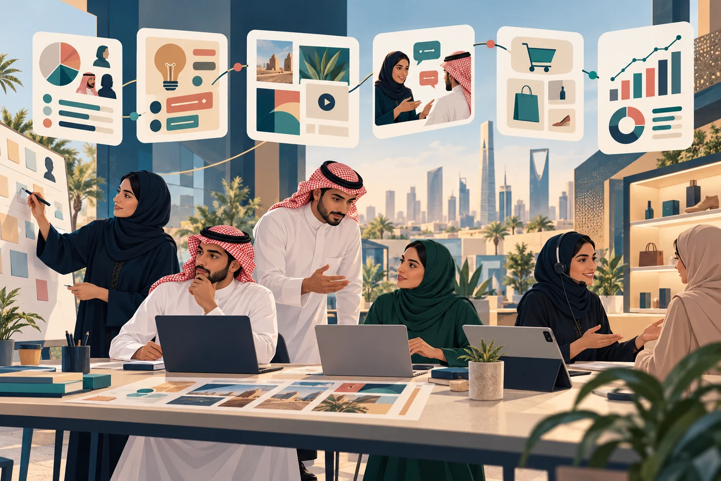 A Saudi team connecting audience research, messaging, customer conversation, and measurement