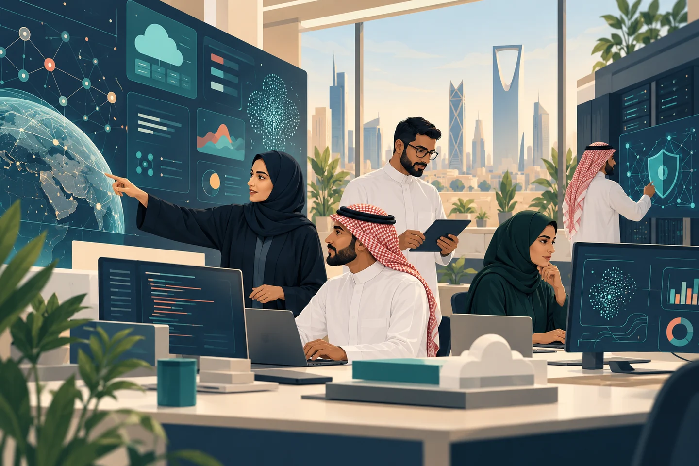 A Saudi team working across software, data, cybersecurity, and cloud infrastructure in a reviewable workflow