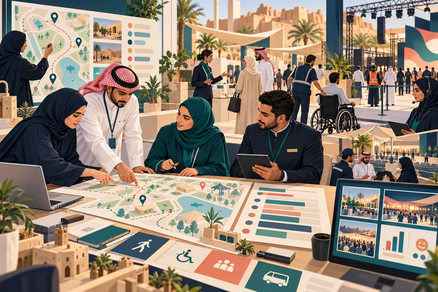 A Saudi tourism and events team planning the visitor journey, operations, service, accessibility, and safety