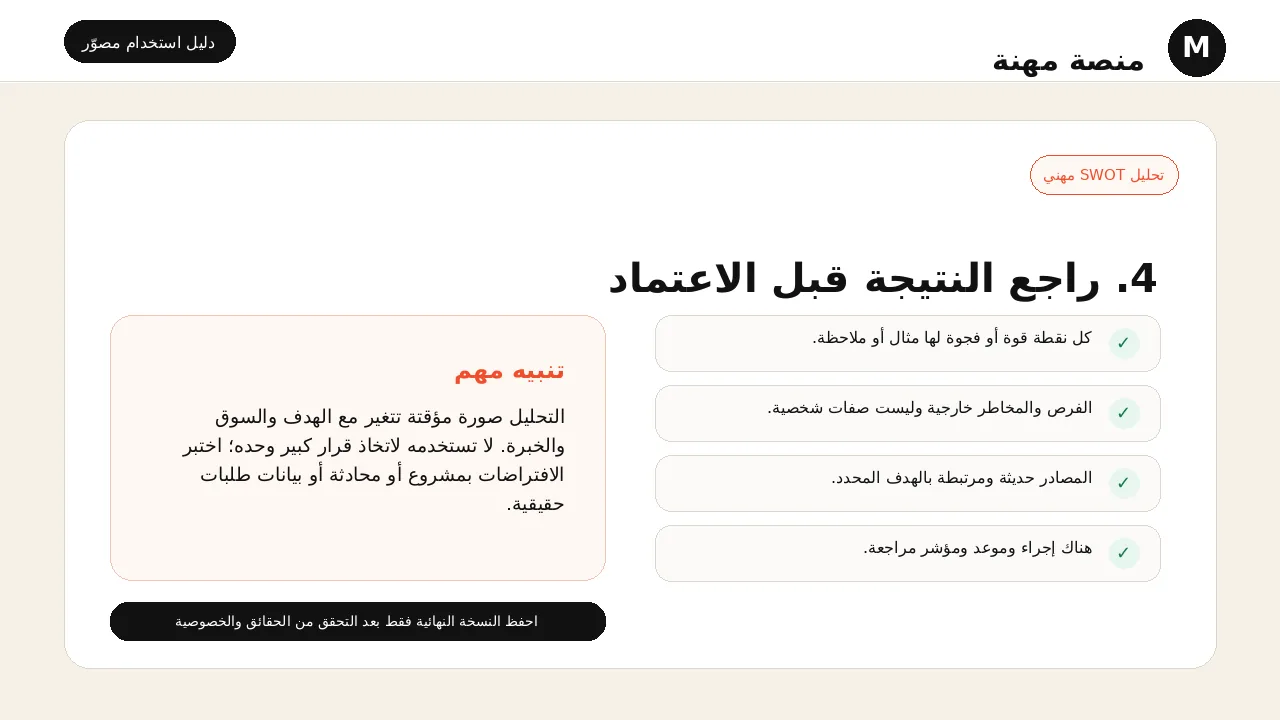 شرح مصور لأداة تحليل SWOT مهني: مراجعة النتيجة قبل اعتمادها
