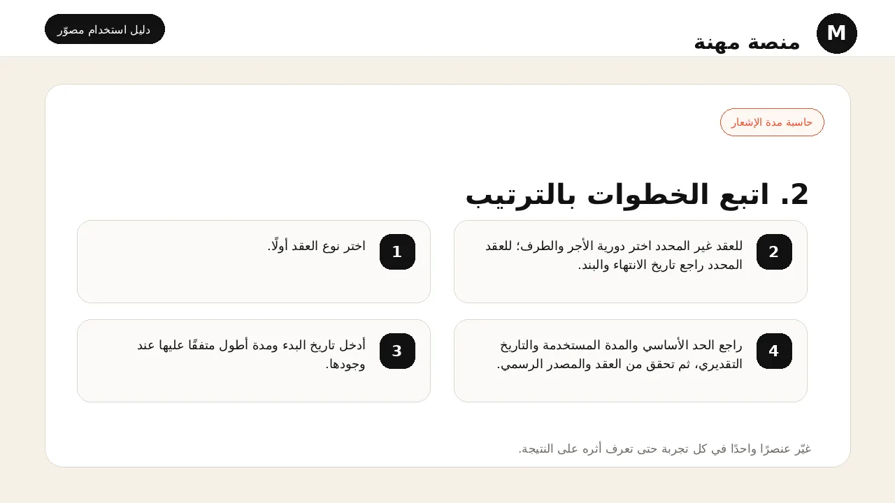 شرح مصور لأداة حاسبة مدة الإشعار: تنفيذ خطوات الاستخدام بالترتيب