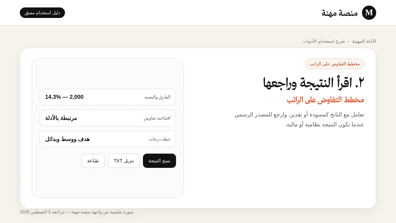 شرح مصور لأداة منشئ خطة التفاوض على الراتب: قراءة النتيجة وفهم عناصرها