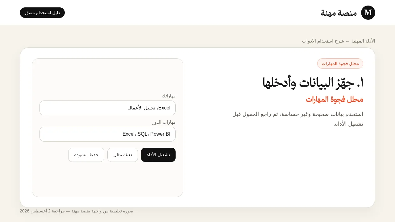 شرح مصور لأداة محلل فجوة المهارات: إدخال البيانات وتجهيز المثال